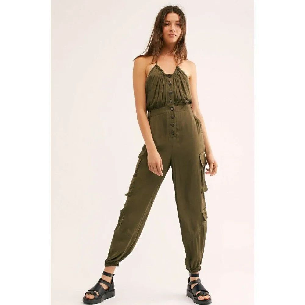 NEW FREE PEOPLE Sz XS OLIVIERA UTILITY HALTER CARGO JUMPSUIT JUMPER ARMY GREEN